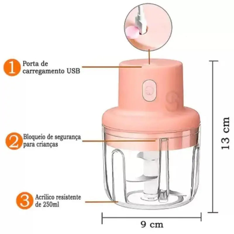 Mini processador de alimentos elétrico 250ml, triturador recarregável sem fio