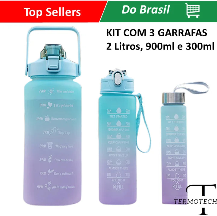 KIT Com 3 GARRAFAS 2Litros 900ml 300ml Squeeze com Frases Motivadoras