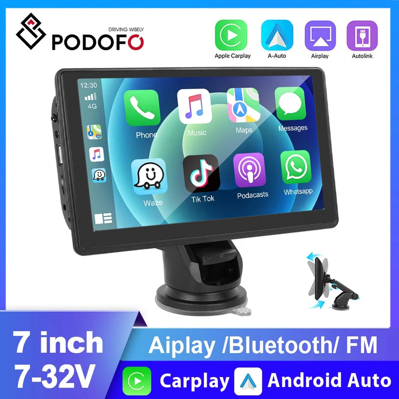 Monitor de multimídia Podofo 7 "rádio para carro  mp5 reprodutor multimídia sem fio android suporte automático apple airplay bluetooth navegação gps